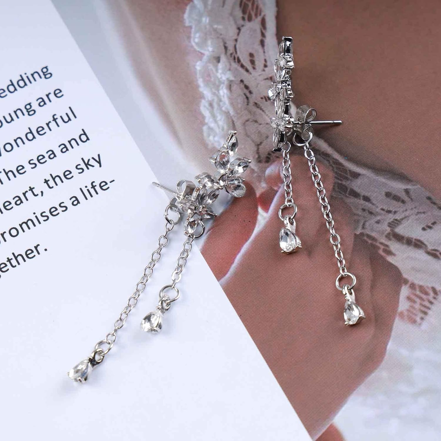 Andelaisi Vintage CZ Tassel Drop Earrings Silver Waterdrop Crystal Dangle Earrings Long CZ Chain Earrings Boho Crystal Flower Stud Earrings Jewelry for Women - Image 6