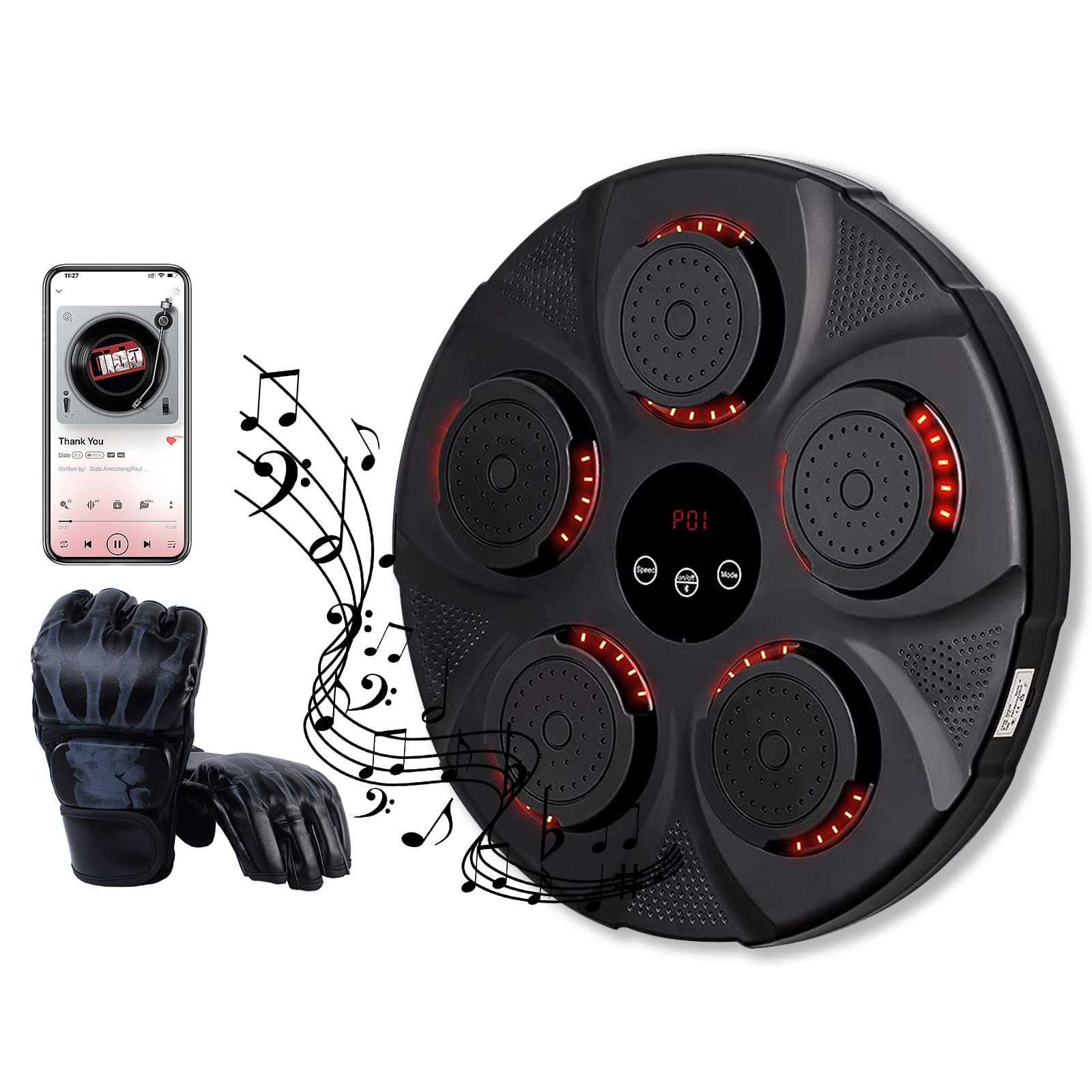 LeadSeals 2023 Upgrade Smart Music Boxing Machine with LED Wall Mounted Target Boxing Training Equipment with Bluetooth Connection Wall Punching Pads with Boxing Gloves