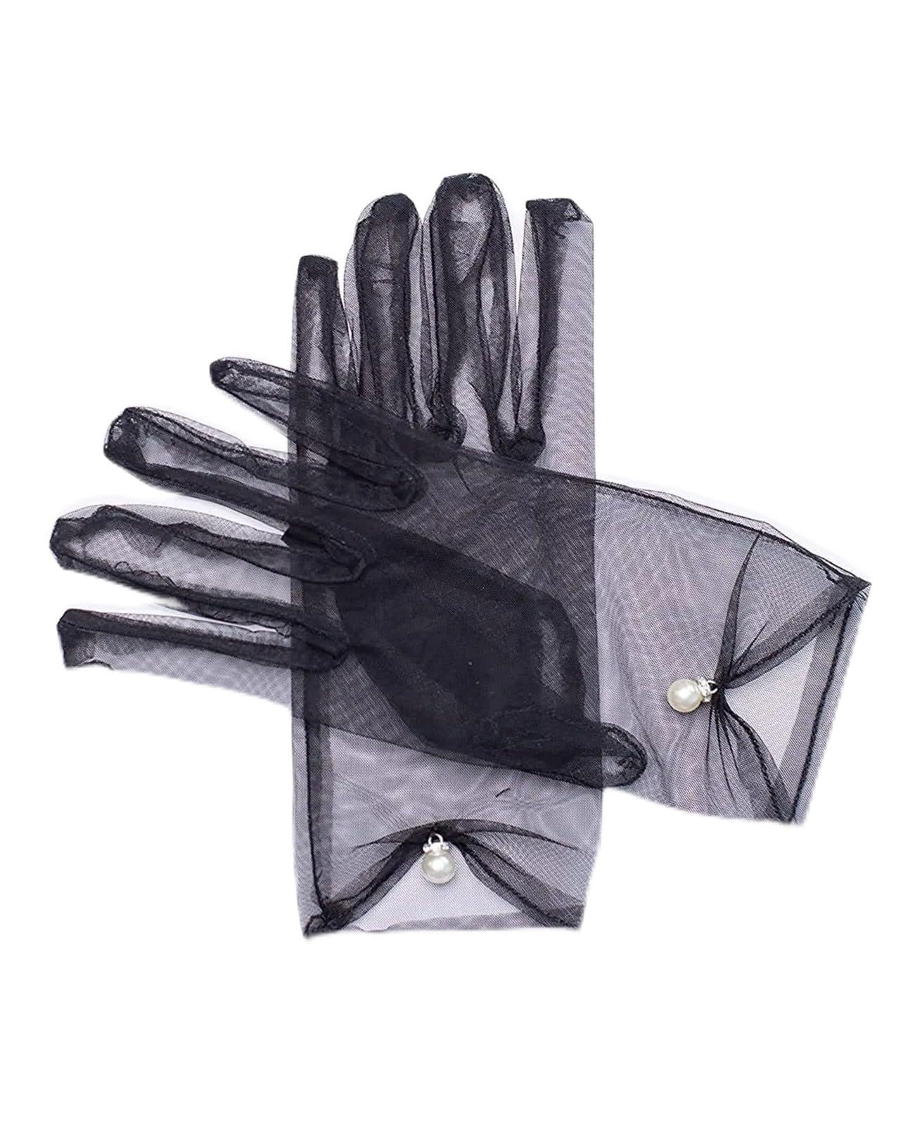 Guantes de boda de satén blanco con lazo de perlas y malla retro cortos 5