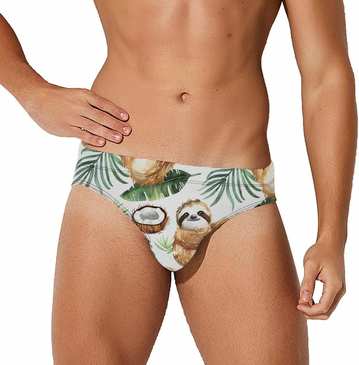Cute Sloth Coconut Palm Leaves Novelty Men's Brief Swimwear Pants Swimming Trunks Beach Shorts Underwear