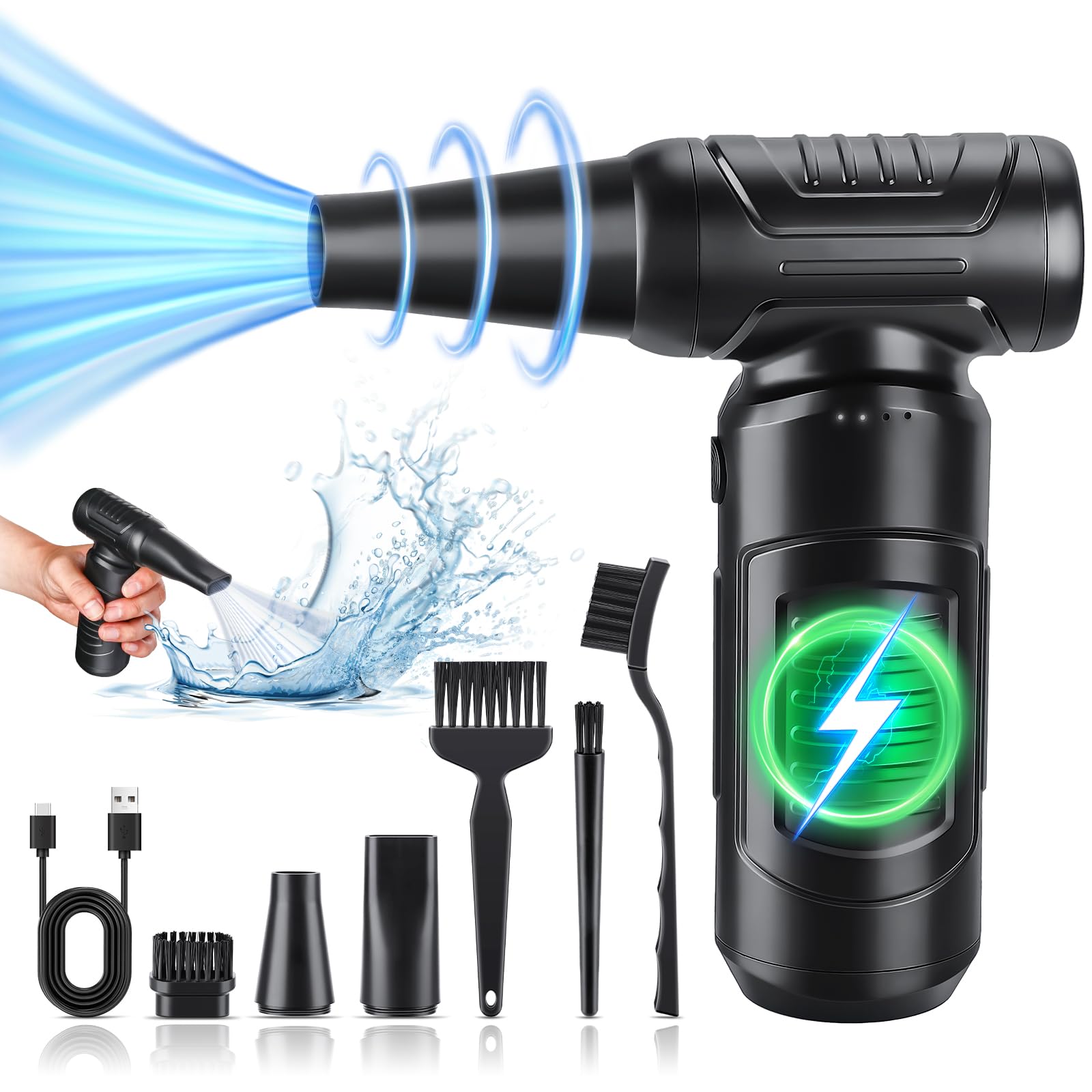 Compressed Air Duster, 180000RPM High-speed 3 Gear Electric Air Duster, 8000mAh Rechargeable Cordless Air Blower Portable Jet Dry Blower for Computer Keyboard Car. Replace Compressed Air Can (Black)
