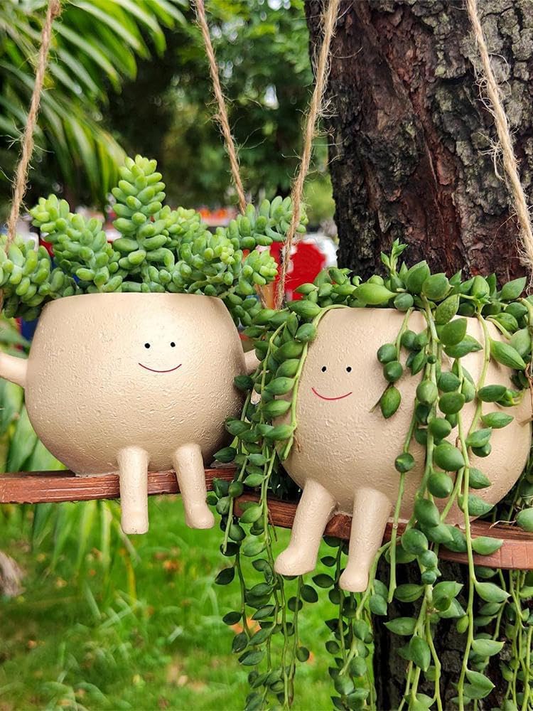 2 Cute face Planter Swing, face pots Head, Hanging Plant Holder Unique Plant pots for Planter, Smile Face Resin Flower Pot Decor, Mom Gifts