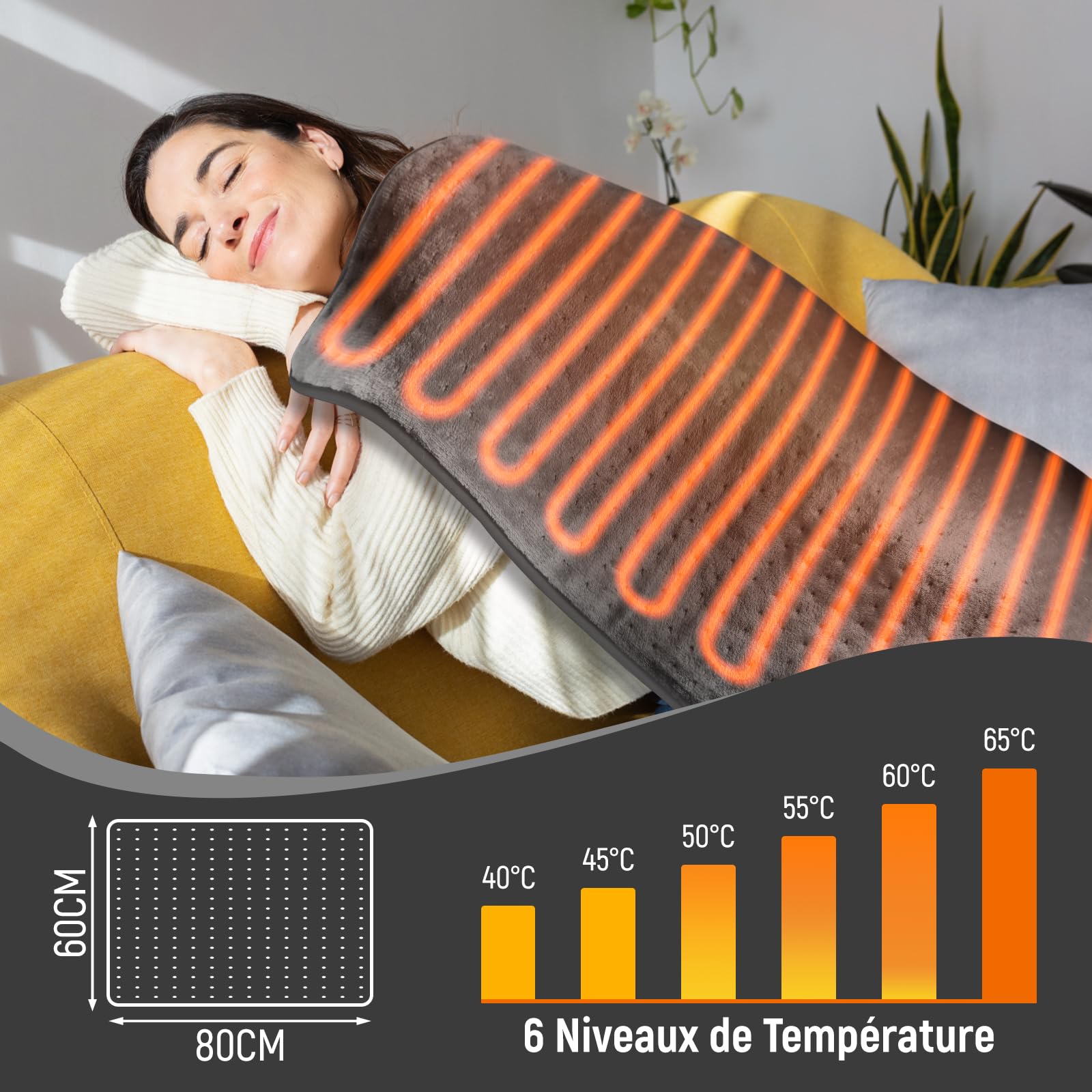 Coussin Chauffant, 80 × 60 cm, Coussin Chauffant Électrique avec Arrêt Automatique et 6 Niveaux de Température, pour Dos, Épaule, Ventre, Cou, Lavable en Machine
