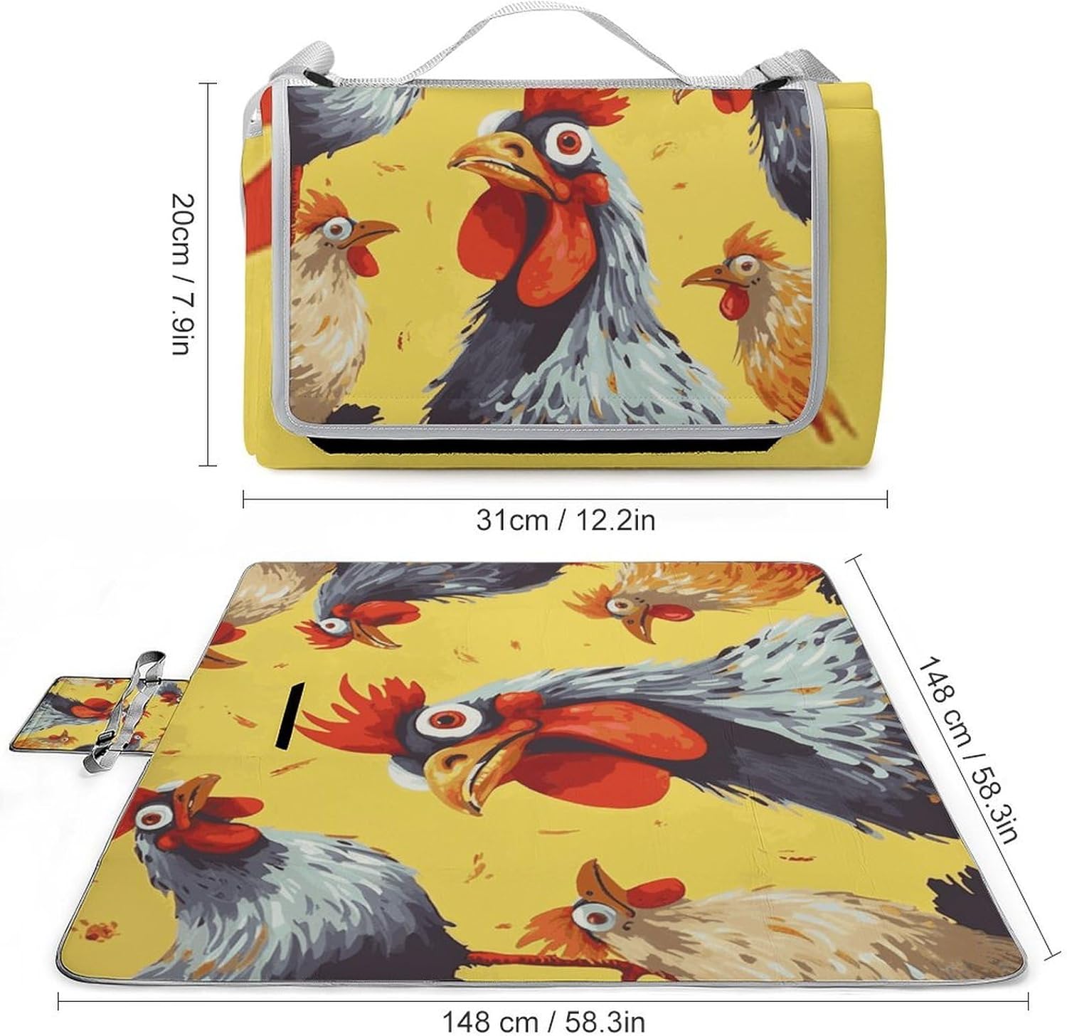 Art Chicken Painting Waterproof Picnic Blanket 58.3''x58.3'',Portable and Foldable Picnic Mat with Handle,Outdoor Blankets for Lawn Park Beach Travel