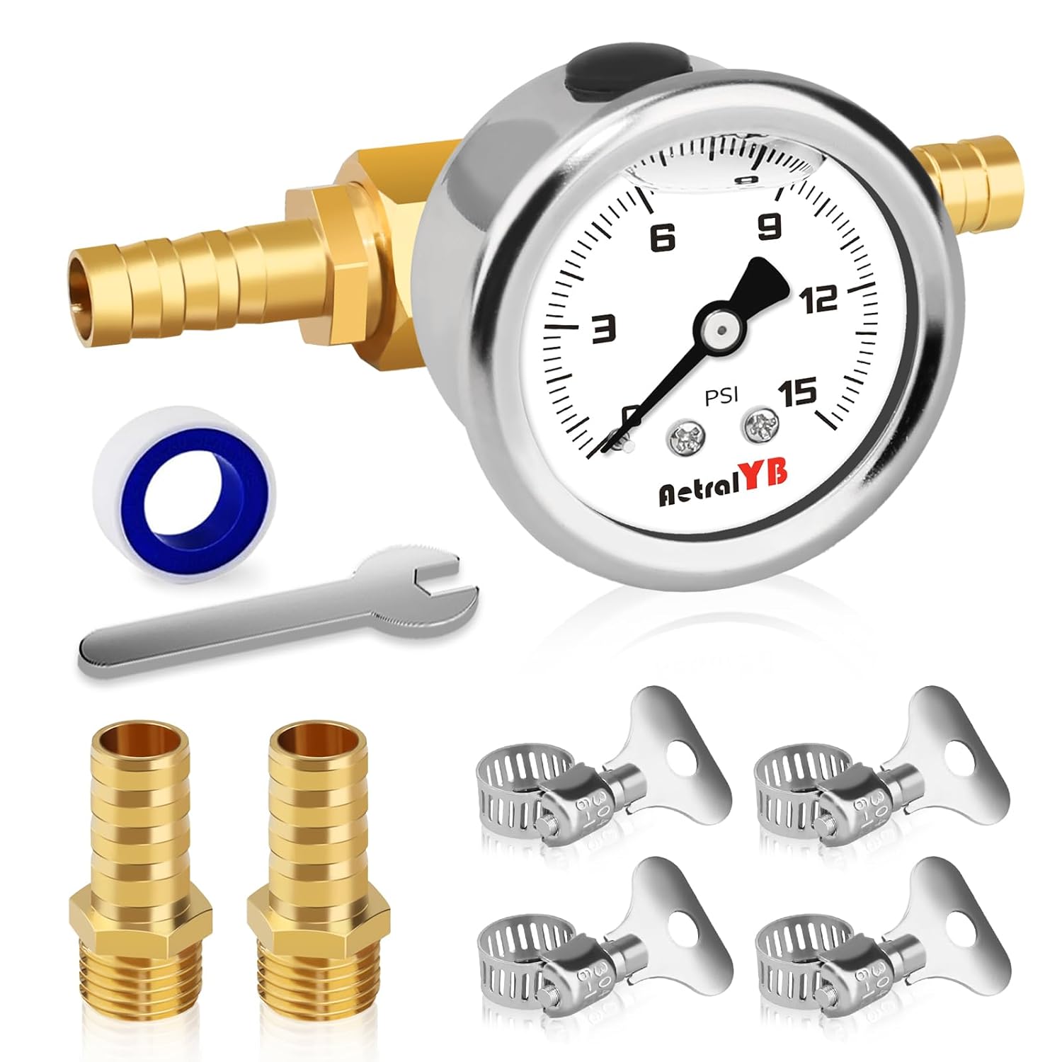 0-15Psi Fuel Pressure Test Kit,1-1/2" Dial Size,Glycerin Filled,with 1/8" NPT Pressure Gauge, Inline Fuel Pressure Regulator with Gauge for Car,with 3/8'' 5/16'' Barb Mounting Connection