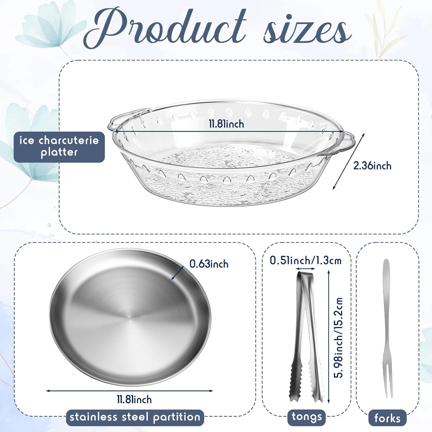 Baderke 2 Sets 11.8" Chilled Serving Tray for Parties Round Iced Platter with Ice Underneath Stainless Steel Clip Fruit Fork Shrimp Cocktail Serving Dish for Oysters Crawfish Fruits (Original) - Image 2