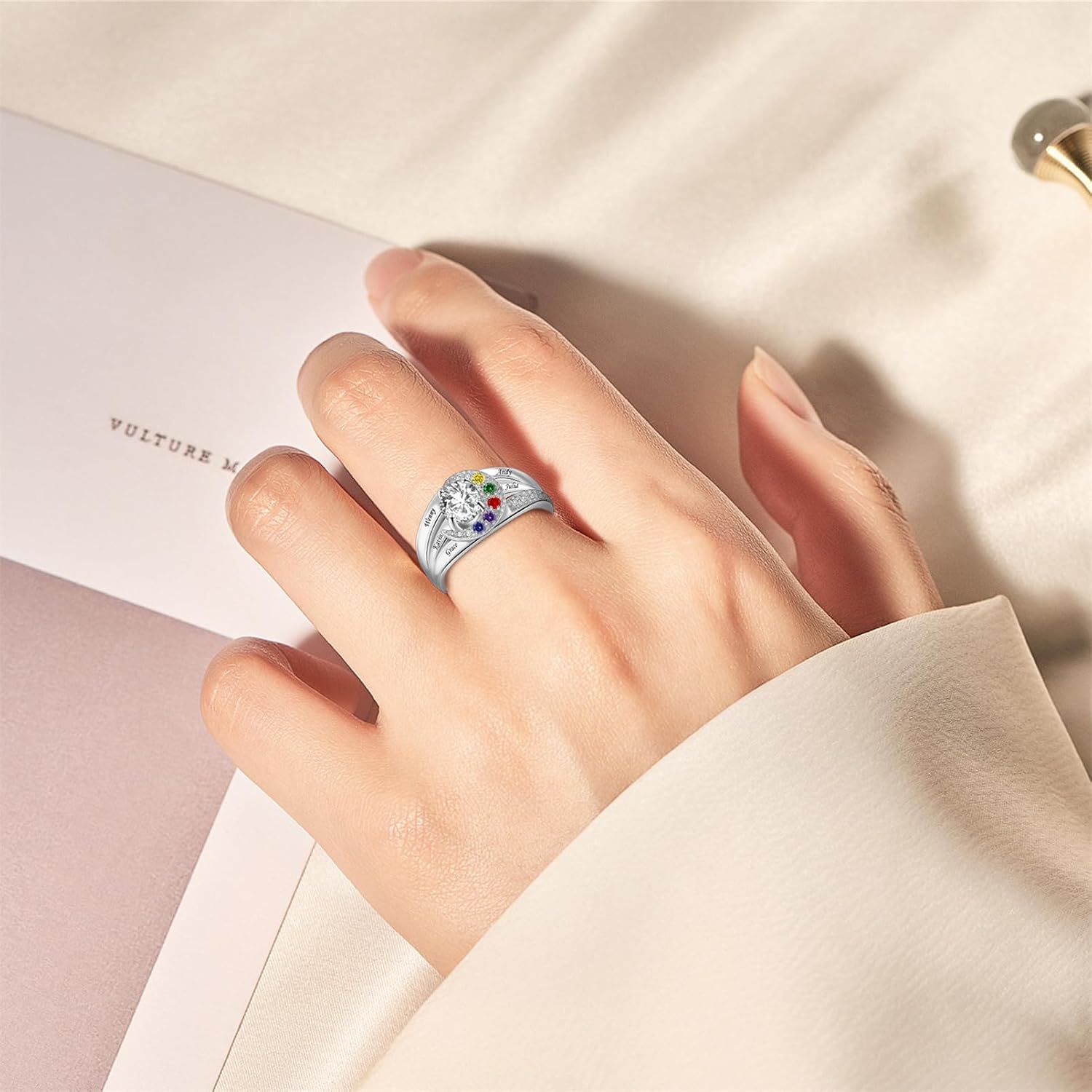 MissNaNa Personalized Mothers Rings with Simulated Birthstones 925 Sterling Silver Mother's Day Rings Engraved Family Names Custom Family Rings for Women Mother Wife
