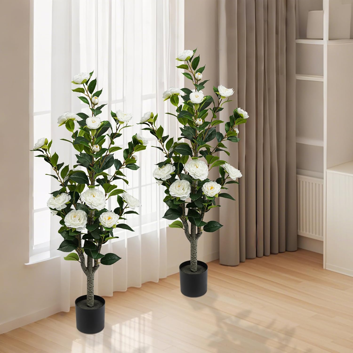2Pack Artificial Camellia Trees, 38"/3.2ft Faux Flower Trees with 24 Fake Blooming Flowers, Realistic Camellia Plants Indoor, Artificial Flower Tree for Home Outdoor Front Door Decor(White)