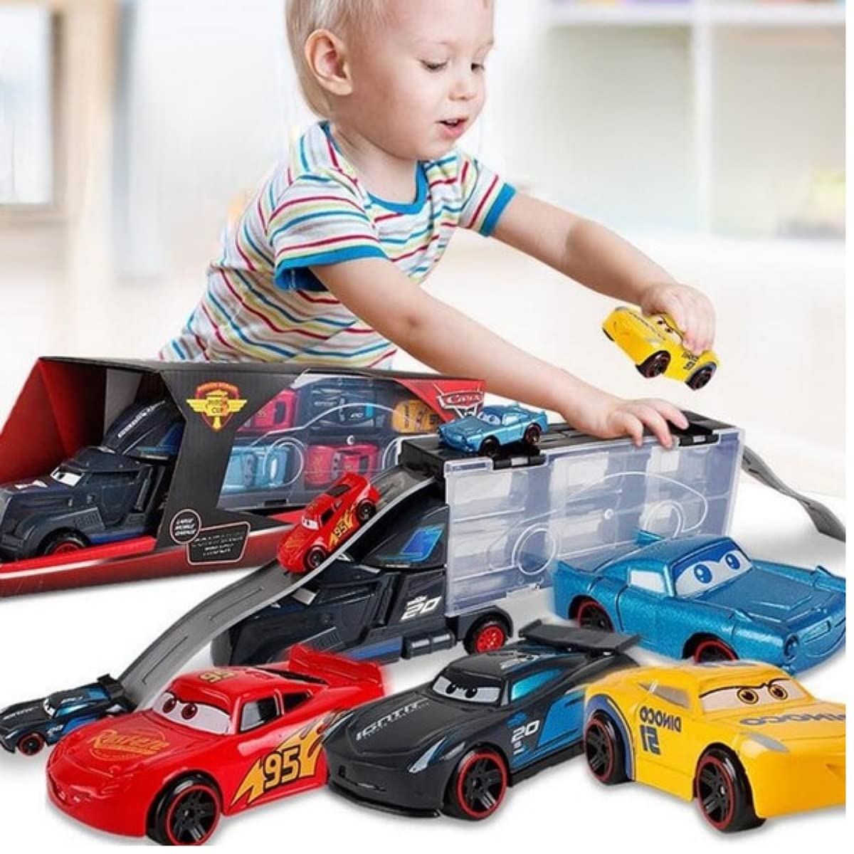 MKB Diecast Metal Alloy Pixar Cars 3 Metal carrier Truck Hauler with 6 Small Cars, 3 Jackson Storm McQueen Great Toys For Kids