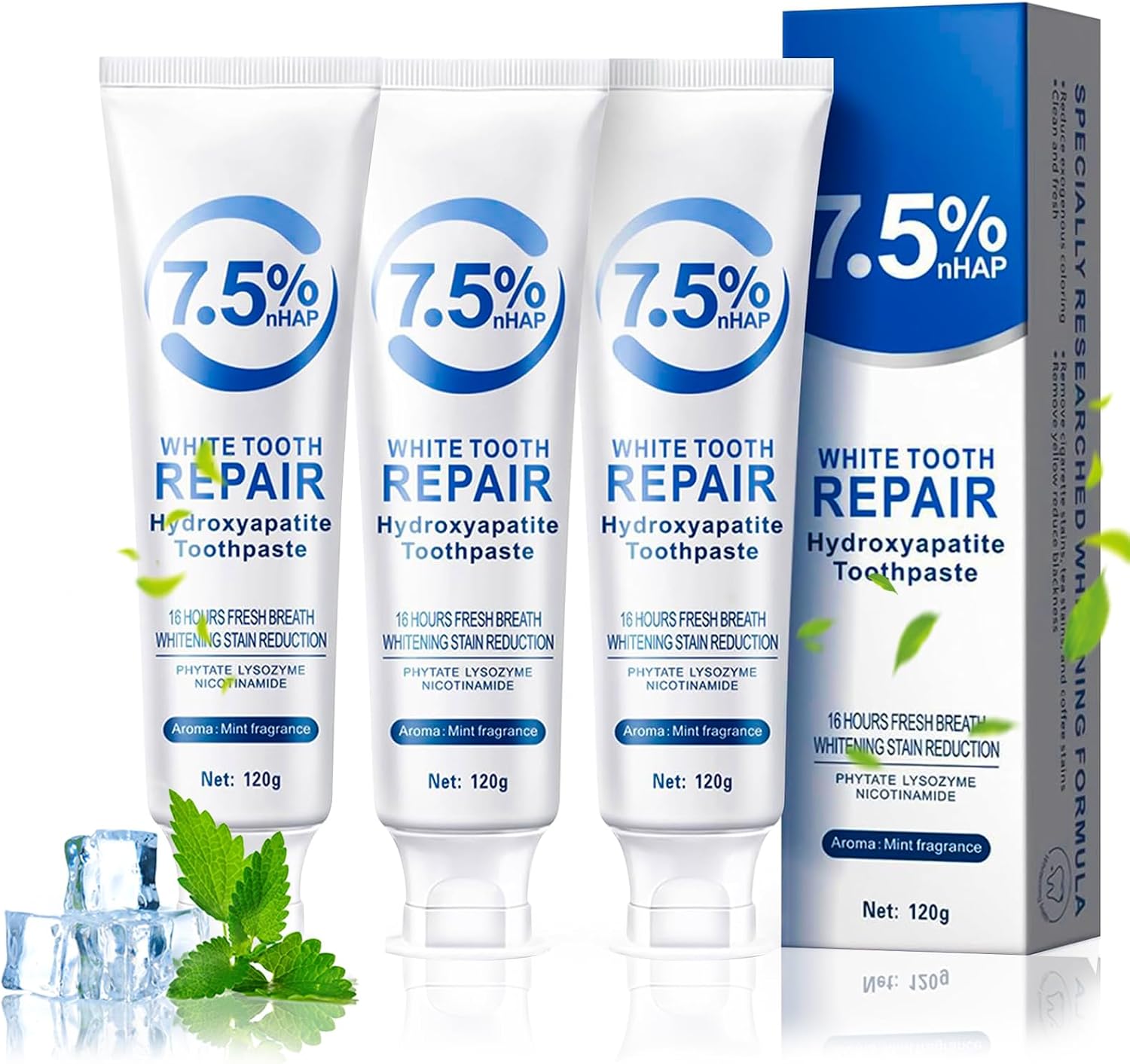 Pack of 3 Hydroxyapatite Toothpaste Fluoride-free Toothpaste for Enamel Repair & Whitening Hydroxyapatite Toothpaste Against Tooth Discoloration for Sensitive Teeth 120 g each