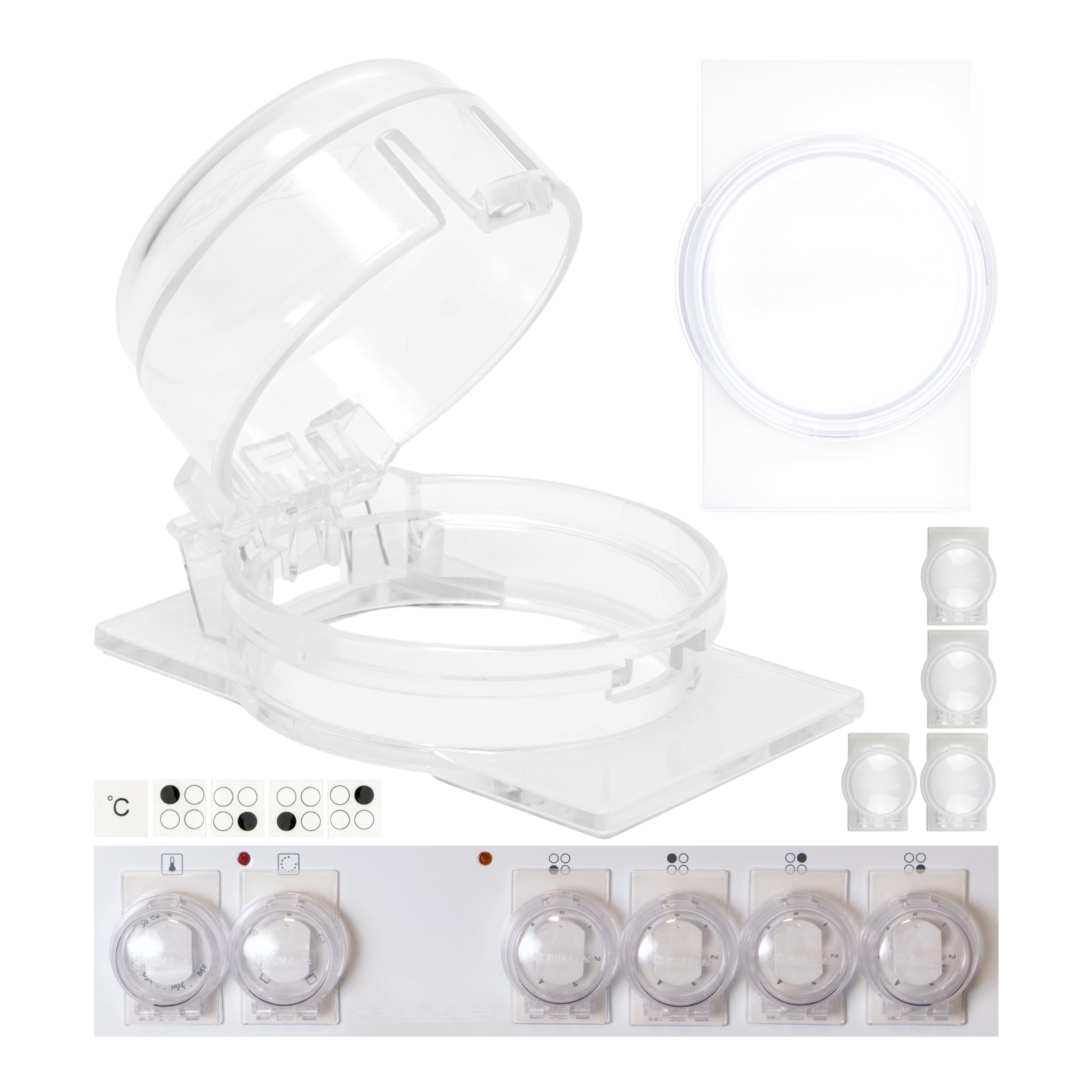 Herdknopf Kindersicherung, für 6 Knöpfe, Montage ohne Knopf Demontage, Schutz für max. Ø 4,9 cm und 4 cm hohe Herdknöpfe mit min. 6,1 cm Abstand Mitte-Mitte, weißer Kleber, Herdschutz Baby Sicherung