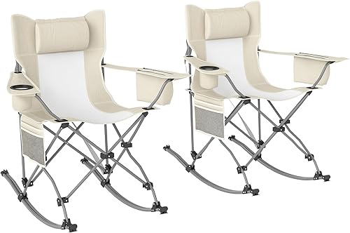 Outsunny Sillas mecedoras plegables para adultos, mecedoras portátiles para exteriores con reposacabezas, bolsa refrigeradora, soporte para tazas,
