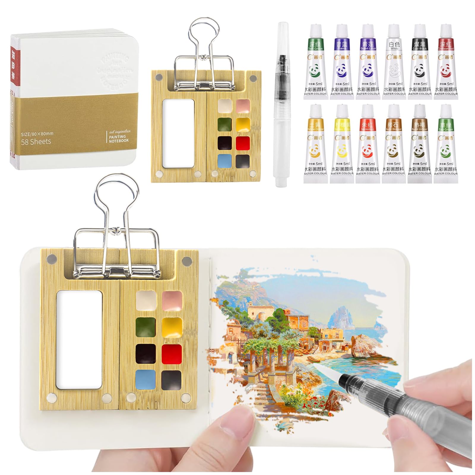 Mini Watercolour Paint Set,Pocket Artist Watercolour Travel Set,8 Grids Wood Pocket Artist Palette Kit,12 Colors water Colour Paints Sets,Sketchbook Brush Watercolour for Painters,Artists and Student