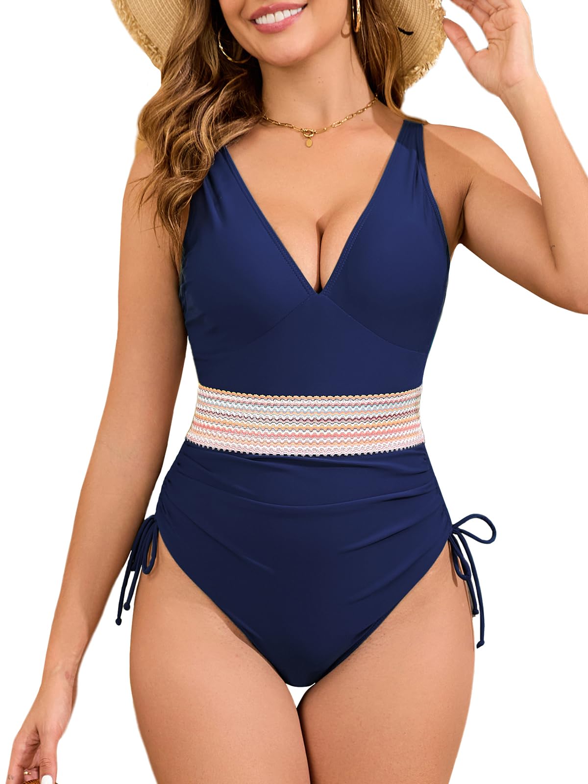 Maillot de Bain Femme 1 Pièces Col en V Sexy Contrôle du Ventre Plat Elégant Monokini Vintage Push-Up Maillots de Bain Une Pièce avec Cordon de Serrage Couleur Épissé
