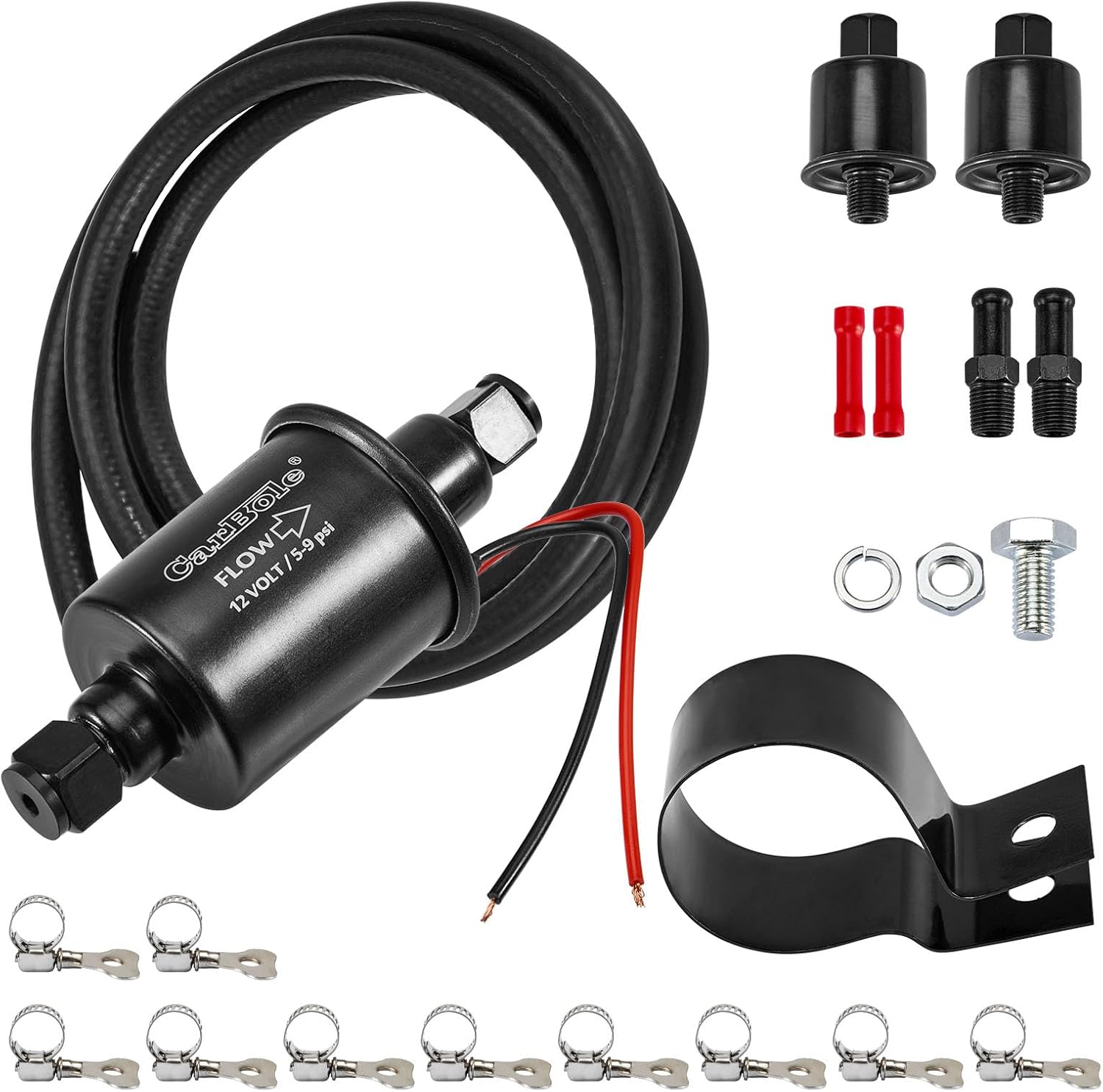 CarBole 5-9 PSI Fuel Pump 12V Low Pressure Gas Pump with Filters Hose Clamps, 5/16" ID Fuel Line Kit for Carburetor Generator Lawn Mower Transfer Diesel
