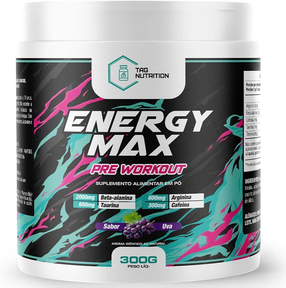 Pré-Treino Energy Max 300MG Cafeína Pre Workout - 300G - 60 Porções - TAG Nutrition (Pote 300g, Uva)
