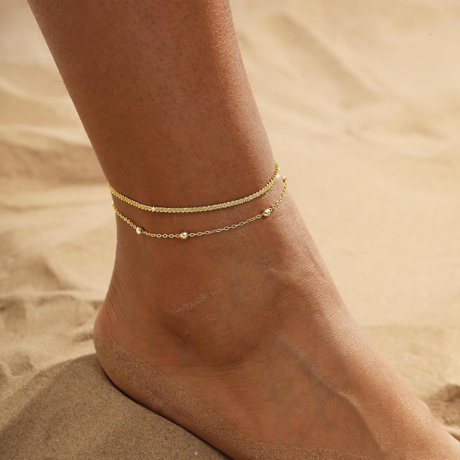 Gold/Silver Ankle Bracelets for Women Waterproof,14k Gold Plated Anklet Set Pearl Cuban Leaf Dainty Anklets Summer Beach Jewelry Gift