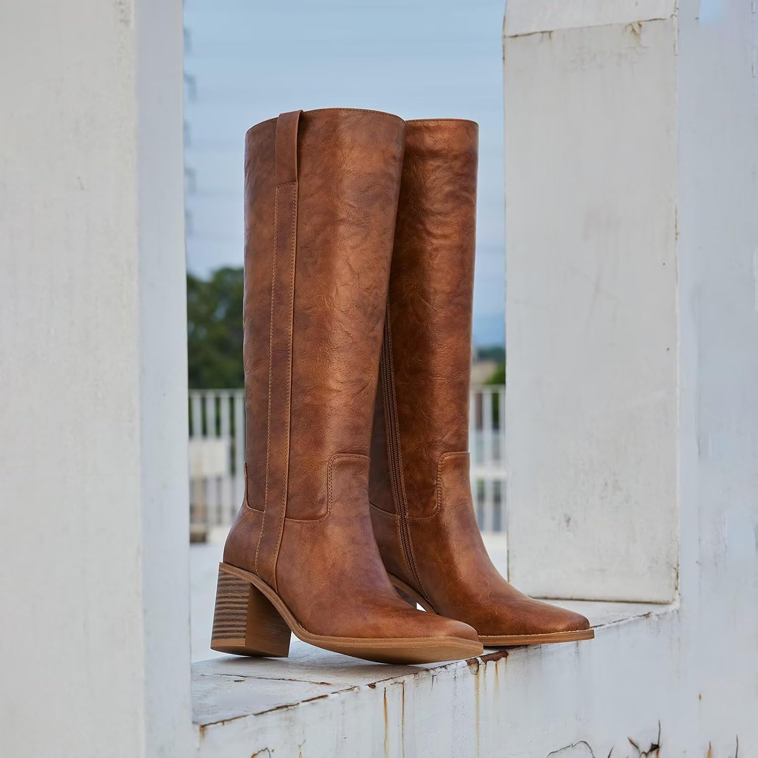 ISNOM Knee High Boots Women Chunky Low Heel Square Toe Elastic Boots Side Zipper Faux Leather Fall Long Tall Boot - Image 6