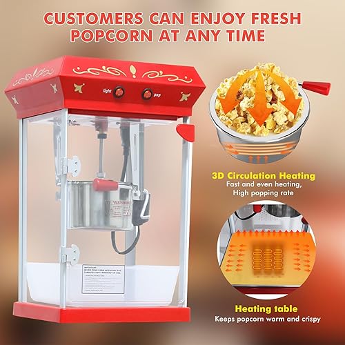 Miniatura 6 de Máquina para hacer palomitas de maíz con hervidor de 8 onzas para hacer hasta 32 tazas, carrito de máquina de palomitas de maíz, estilo vintage,