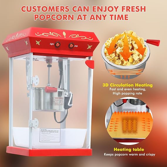 Popcorn Machine Maker With 8 Oz Kettle Makes Up to 32 Cups Popcorn Machine Cart Vintage-Style Popper on Wheels Popcorn Machines for Home (Red)