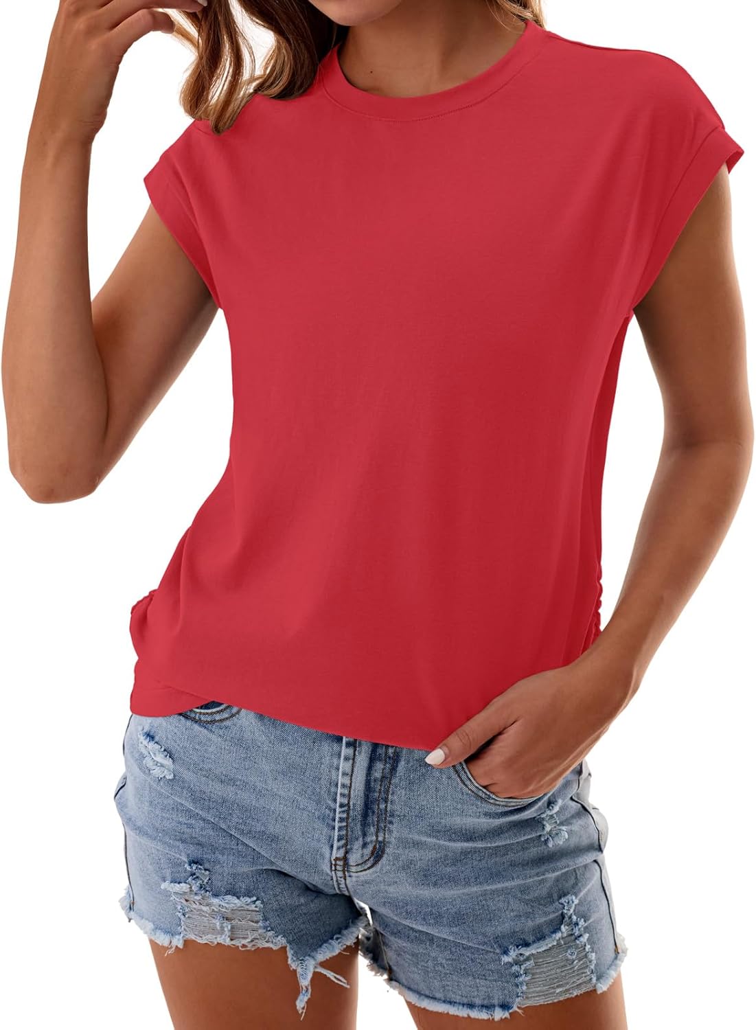Womens Summer Cotton Tops Ruched Cap Short Sleeve Tshirts Crew Neck Shirts Fashion Trendy 2026 - Image 4