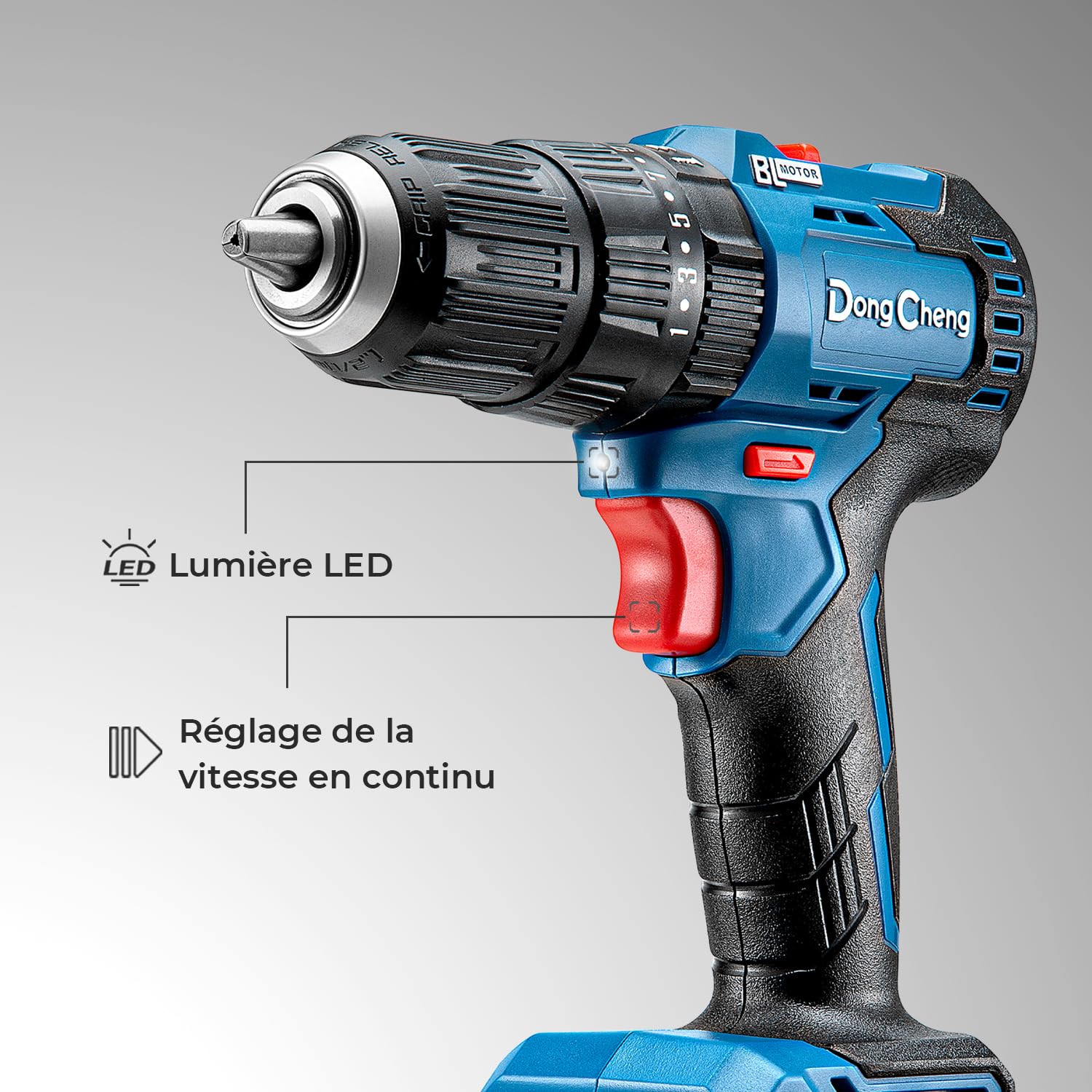 Dong Cheng Perceuse à percussion sans fil 20V 50Nm, Perceuse visseuse à percussion batteries 2x2,0Ah, 20+3 niveaux de couple, moteur sans charbon, mandrin de 13mm, 2 vitesses, chargeur, LED
