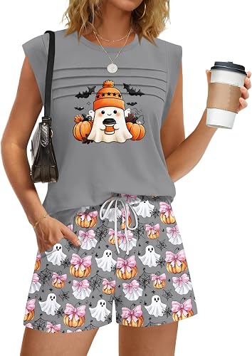 Vividcrate Halloween Womens Pajama Sets Horizontal Pleats Cute Ghost Pajamas for