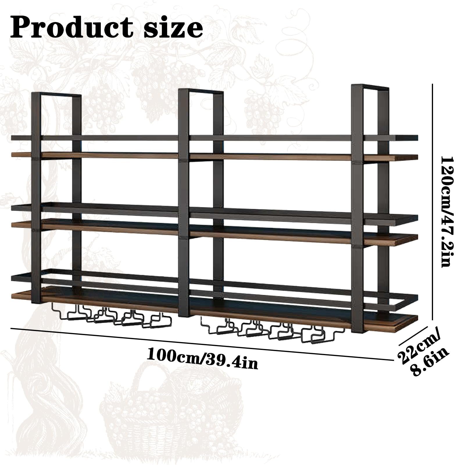 Botellero de Pared con Luz LED, 3 Niveles Estante Flotante Metal y Madera con Soporte Copas, Gran Capacidad Estante Exposición Vino, para Hogar, Restaurante Decoración Bar (Negro, 100cm)
