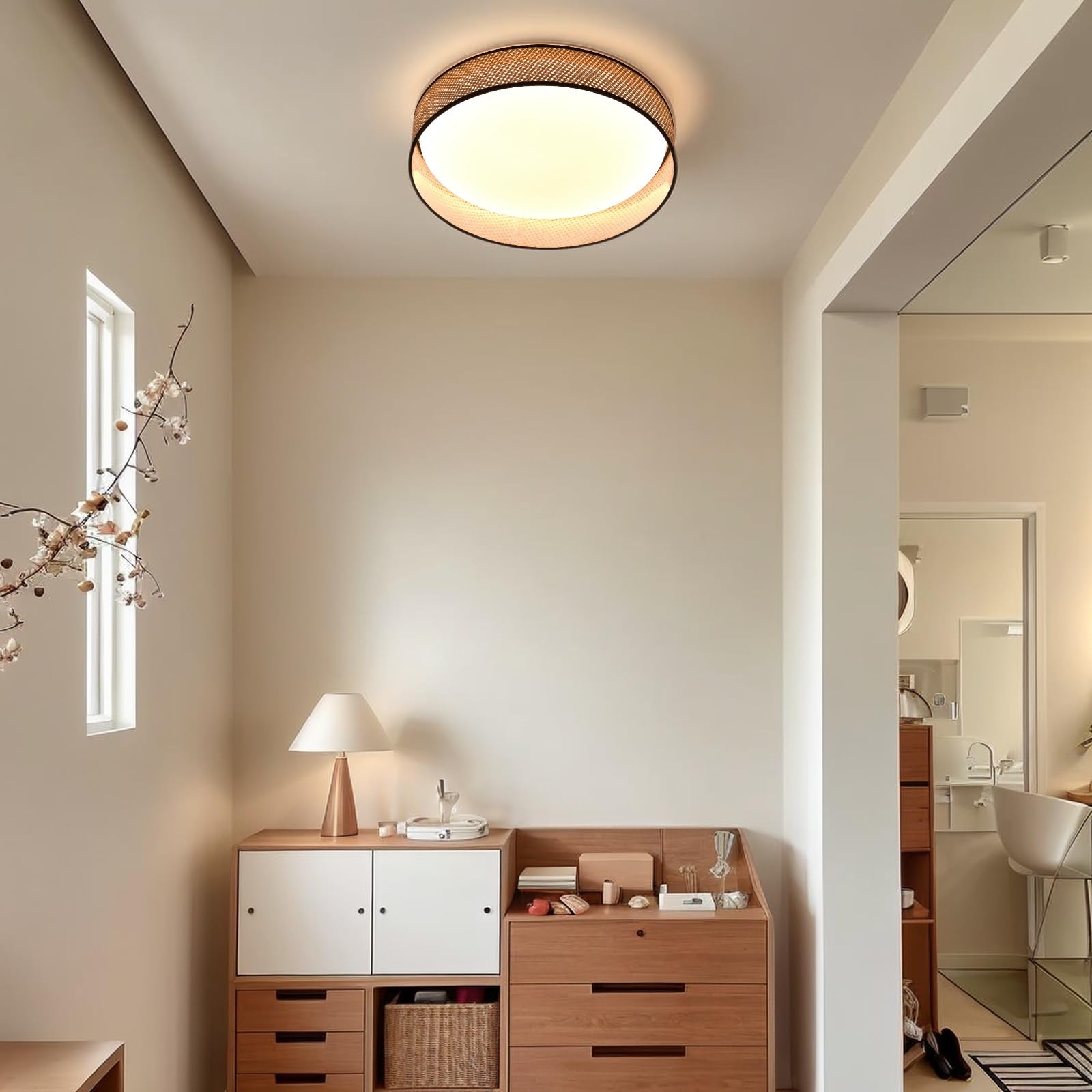 Alpinaluz Plafonnier LED Rond de Plafond 30W CCT 3000K-6000K Abat-jour Tressé en Rotin Naturel Ø40 cm Style Nordique Bohème Éclairage Décoratif pour Salon Chambre Salle à Manger
