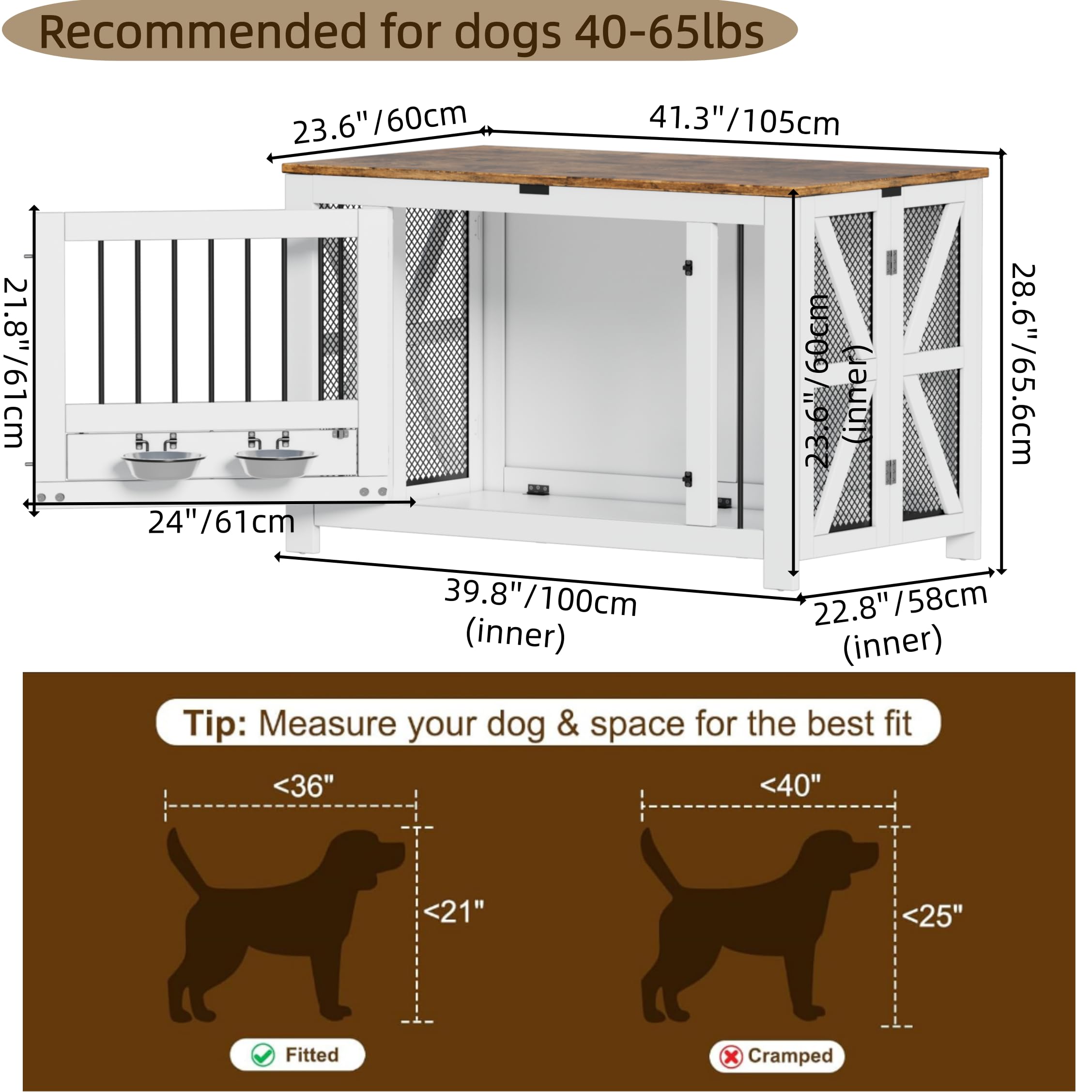 Hundekäfig Möbel,105 cm Hundebox 2Futternäpfe,1Türen,Moderne Hundekäfig Indoor für Klein/Mittele/Große Hunde,Gitterbox HundFaltbar aus Holz,Beistelltisch,Tür mit Riegel,105 × 58 × 65,6 cm,Weiß Braun