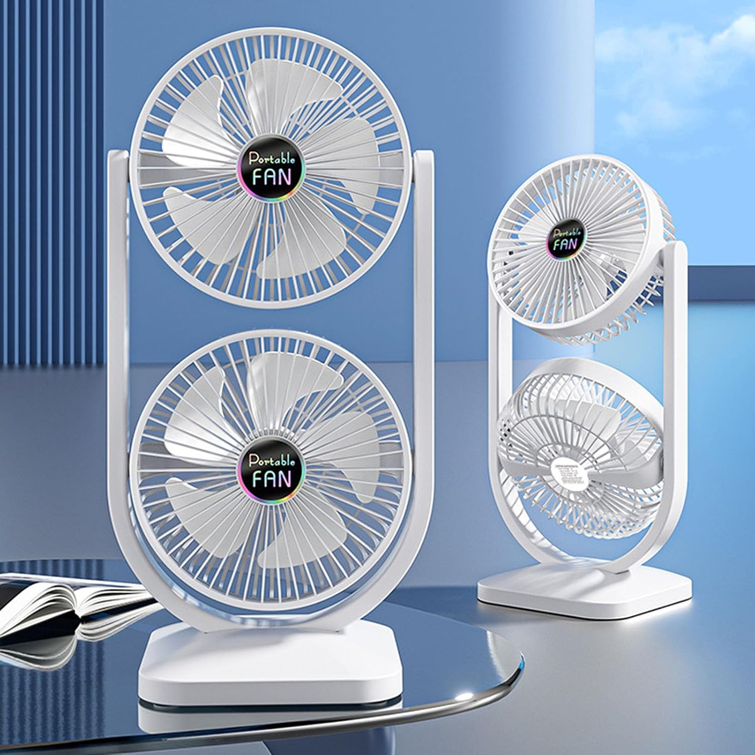 TARSHYRY Dual Head Desk Fan USB Rechargeable Portable Electric Floor Fan 3 Speed Adjustable Quiet Cooling for Home Office Dorm Travel White ABS 19.8 x 39.3 x 14.8cm