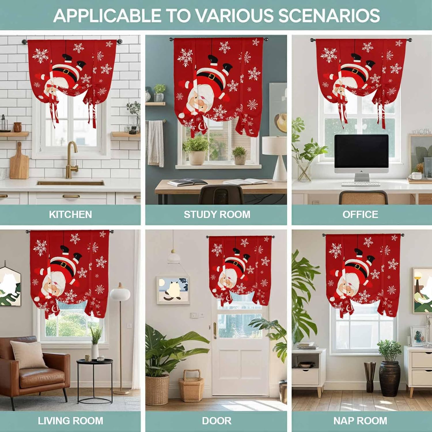 Red Christmas Santa Tie Up Curtains for Window, Xmas Snowflake Winter Thermal Insulated Balloon Shade Adjustable Rod Pocket Curtains Valance Panels for Kitchen Bathroom Café 42'' x 45''