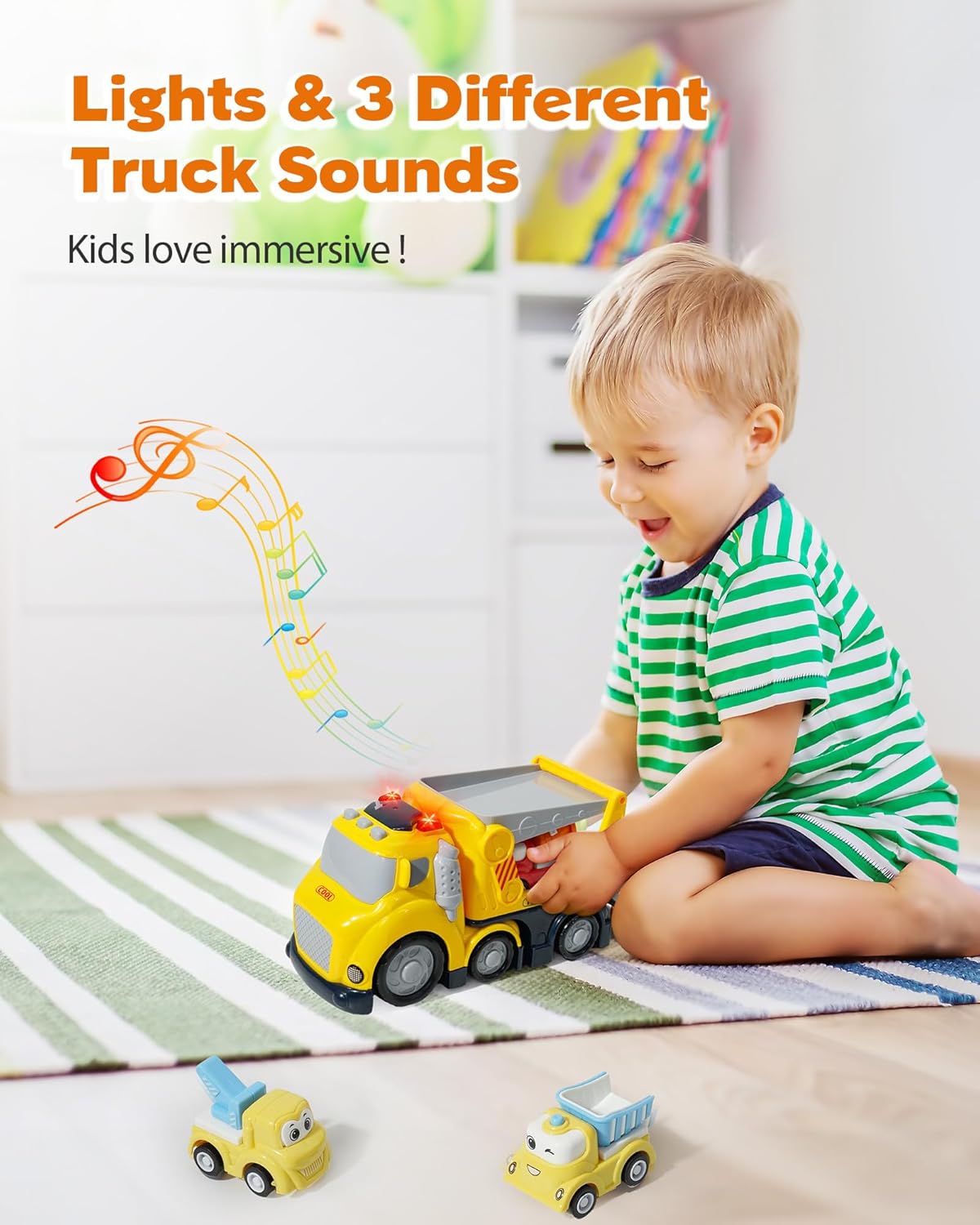 Construction Car Carrier Toys Set for 3 4 5 6 Years Old Toddlers Boys & Girls Gift, 4 Small Cartoon Cute Cars Trucks Crane Mixer Excavator Dump, Sound and Light Big Truck with Slide, 7.6*3.5*4.1 INCH - Image 2