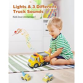 Construction Car Carrier Toys Set for 3 4 5 6 Years Old Toddlers Boys & Girls Gift, 4 Small Cartoon Cute Cars Trucks Crane Mixer Excavator Dump, Sound and Light Big Truck with Slide, 7.6*3.5*4.1 INCH