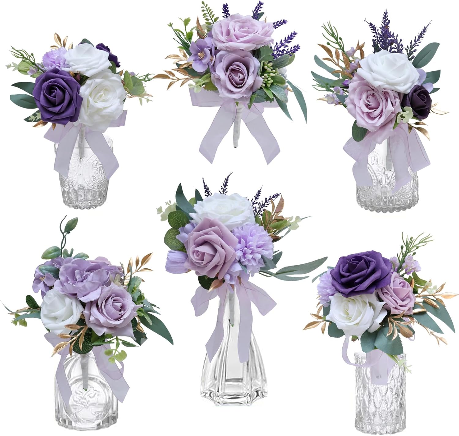 Marriwise Set of 6 Burgundy Red Assorted Wedding Flower Centerpieces Pre-Made Mini Bridesmaid Bouquets Artificial Floral Rose Table Decor for Wedding Decorations Shower Home Decor (Burgundy Red)