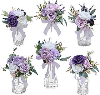 Marriwise Set of 6 Purple Assorted Wedding Flower Centerpieces Pre-Made Mini Bridesmaid Bouquets Artificial Floral Lavender Table Decor for Wedding Decorations Shower Home Decor (Purple)