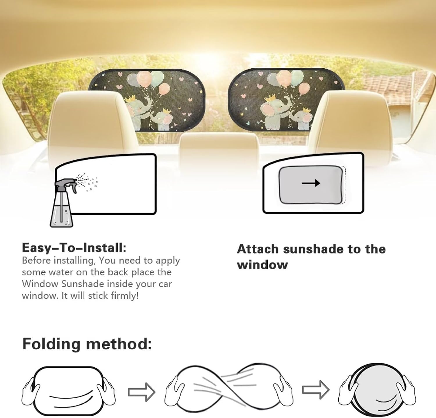 Baby & Toddler Rear Window Sun Shade, 2-Piece Elephant Balloon Heart Print UV Block Back Seat Car Visor, Universal Fit Sedan SUV Truck, Sweet New Baby Gift for Boy Girl
