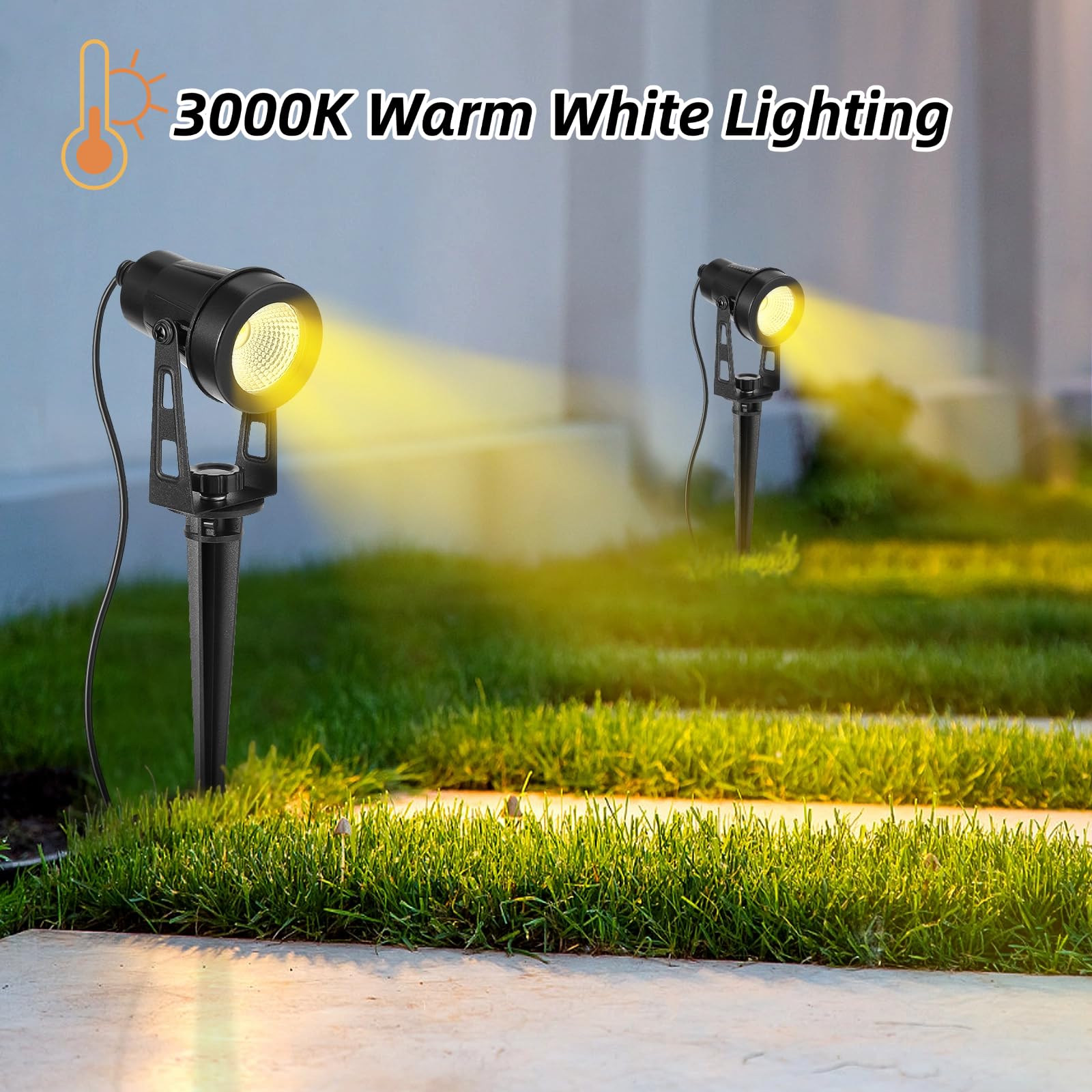 HUAEU Garden Spotlights Mains, 21 M, 6-in-1 Outdoor LED Spotlight, Warm White, 3000 K, 12 V, IP65 Waterproof Garden Uplighter - Image 3