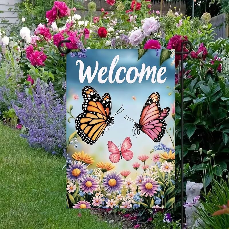 Spring Summer Garden Flags for Outside 12x18 Double Sided, Small Burlap Seasonal Floral Butterfly Welcome Garden Flag Spring Summer Outdoor Yard Decorations - Image 2