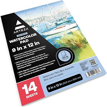 ARTEZA Watercolor Paper, 14 Sheets, 9x12 Inches Water Color Paper, 140lb/300gsm, 100% Cotton, Cold Press, Acid Free Art Paper