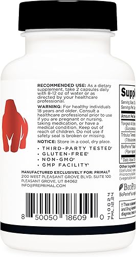Miniatura 3 de Primal Cápsulas Tongkat Ali (60 cápsulas30 porciones, 1,000 mg por porción), suplemento largo Jack para hombres, sin gluten, suplemento nutricional