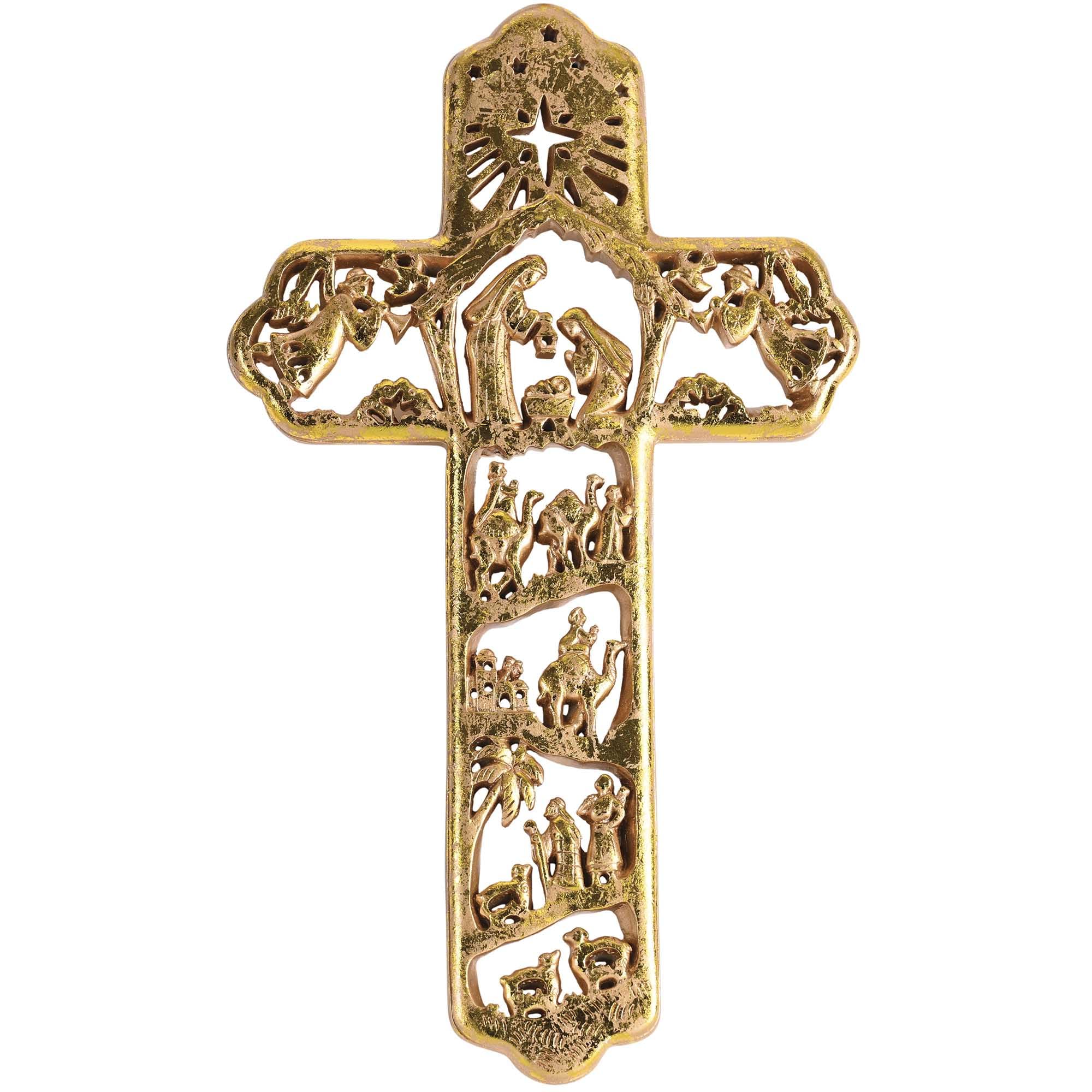Dickson's Nativity Scenic Wall Cross - 12.25 x 7.25 Inch Distressed Gold Tone Resin Collectible Plaque