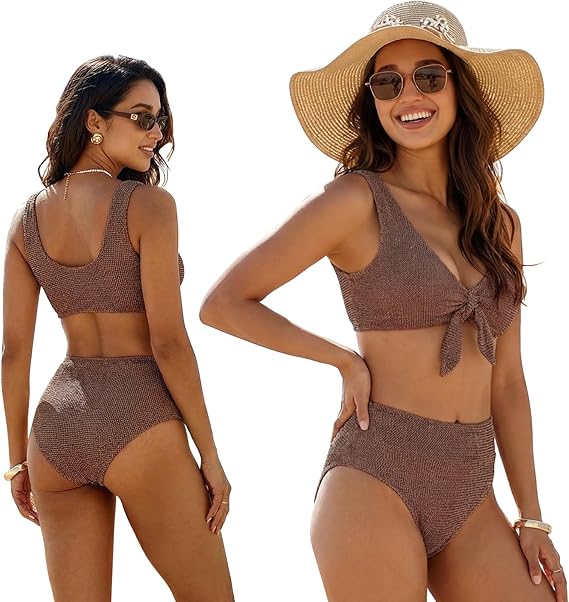 High Waisted Bikini Sets with Textured Fabric and Tummy Control