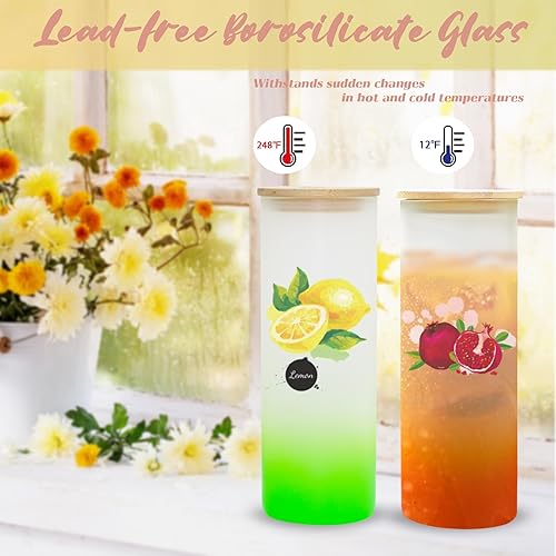 Miniatura 4 de Paquete de 25 vasos de vidrio esmerilado con tapas y pajitas, vasos de vidrio sublimación de color degradado de 25 onzas, vasos de sublimación de