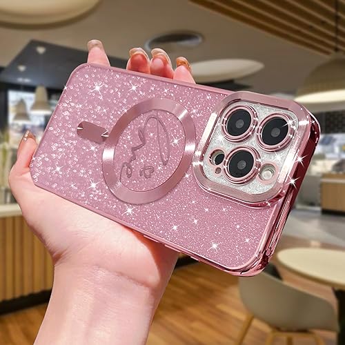 Miniatura 3 de Funda magnética compatible con iPhone 15 Pro Max, para mujeres y niñas, suave, linda, de lujo, con diseño de corazón chapado en purpurina,