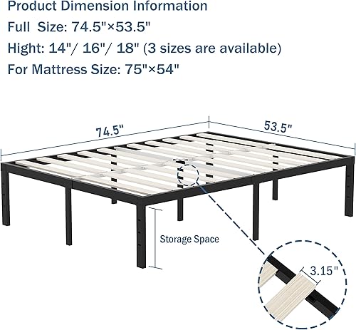 Miniatura 39 de ZIYOO Base de cama tamaño Queen de 18 pulgadas de alto, listones de madera de 3 pulgadas de ancho con soporte de 3500 libras para colchón de espuma,