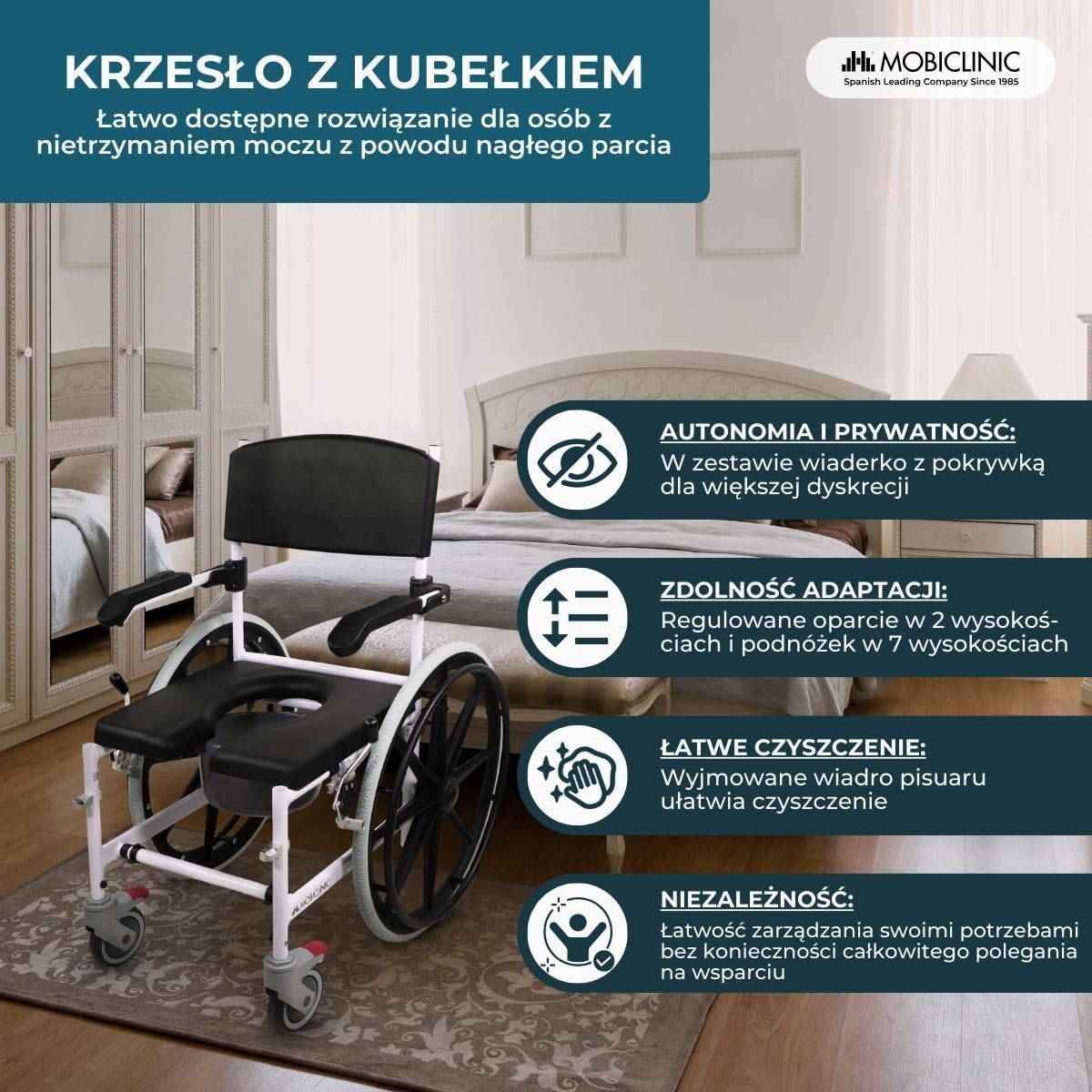 Mobiclinic®, Krzesło Wannowo-Prysznicowe na Kółkach, Przenośna Toaleta, Ze Zdejmowaną Miską, Samobieżne, Regulowana Wysokość, Składany Podnóżek i Podłokietniki, Caligula