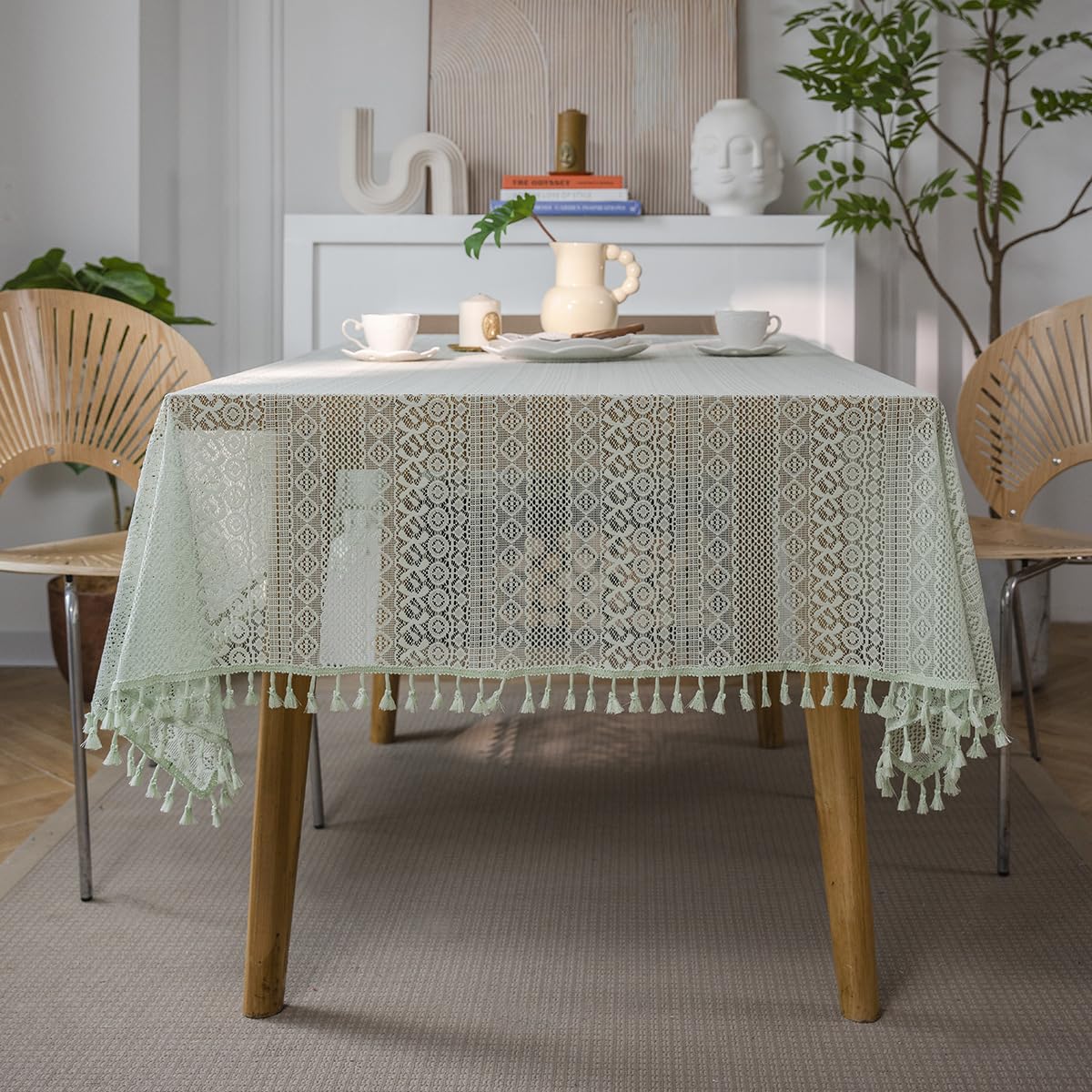 Plancholo Handmade Crochet Tablecloth with Tassels Boho Geometric Table Cloth Washable Table Cover for Kitchen Dining (Green, Rectangle, 59 x 87 Inch)