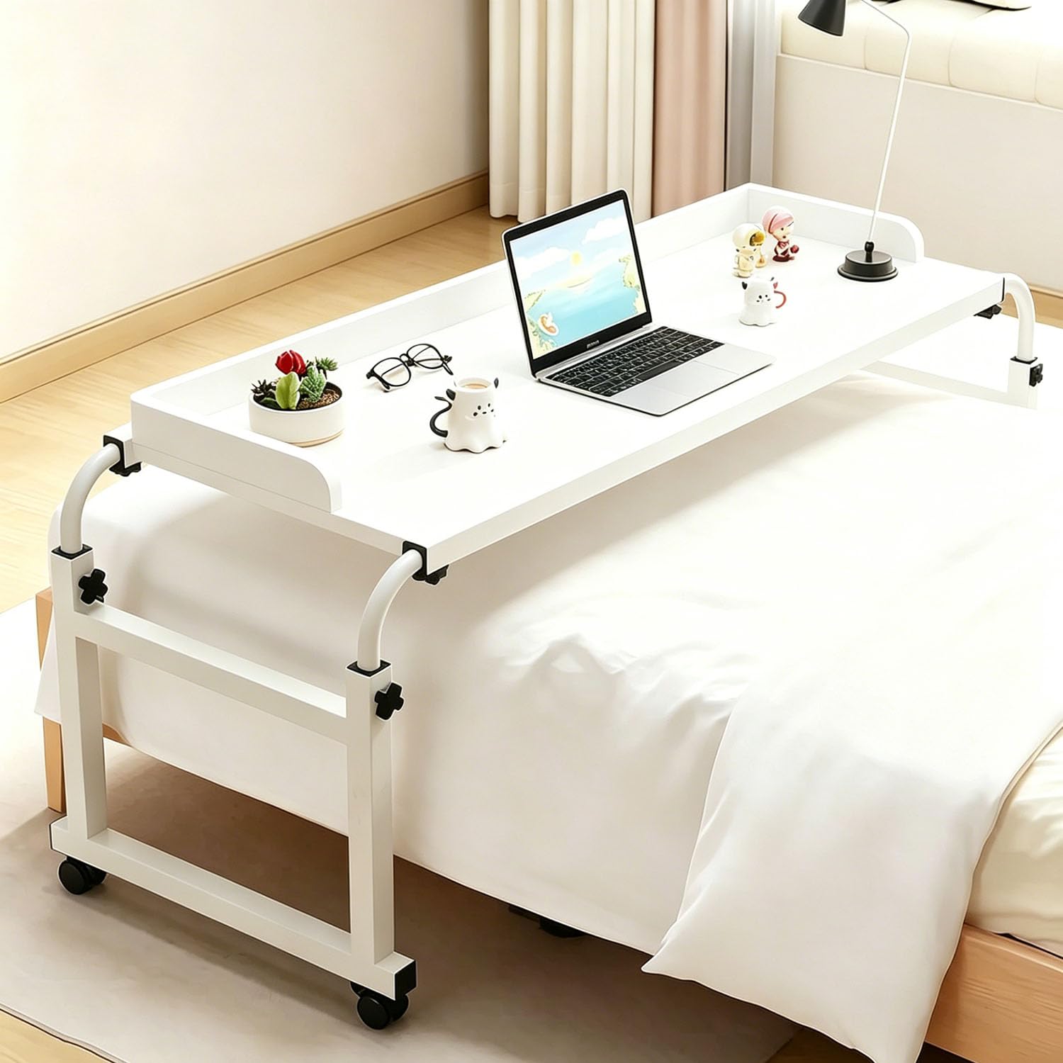 GXQFC Height Adjustable Overbed Table with Wheels, Mobile Rolling Laptop Desk with Anti-Drop Guardrail, Large Over Bed Workstation for Double Bed, Bedroom Working & Eating(Color:White)