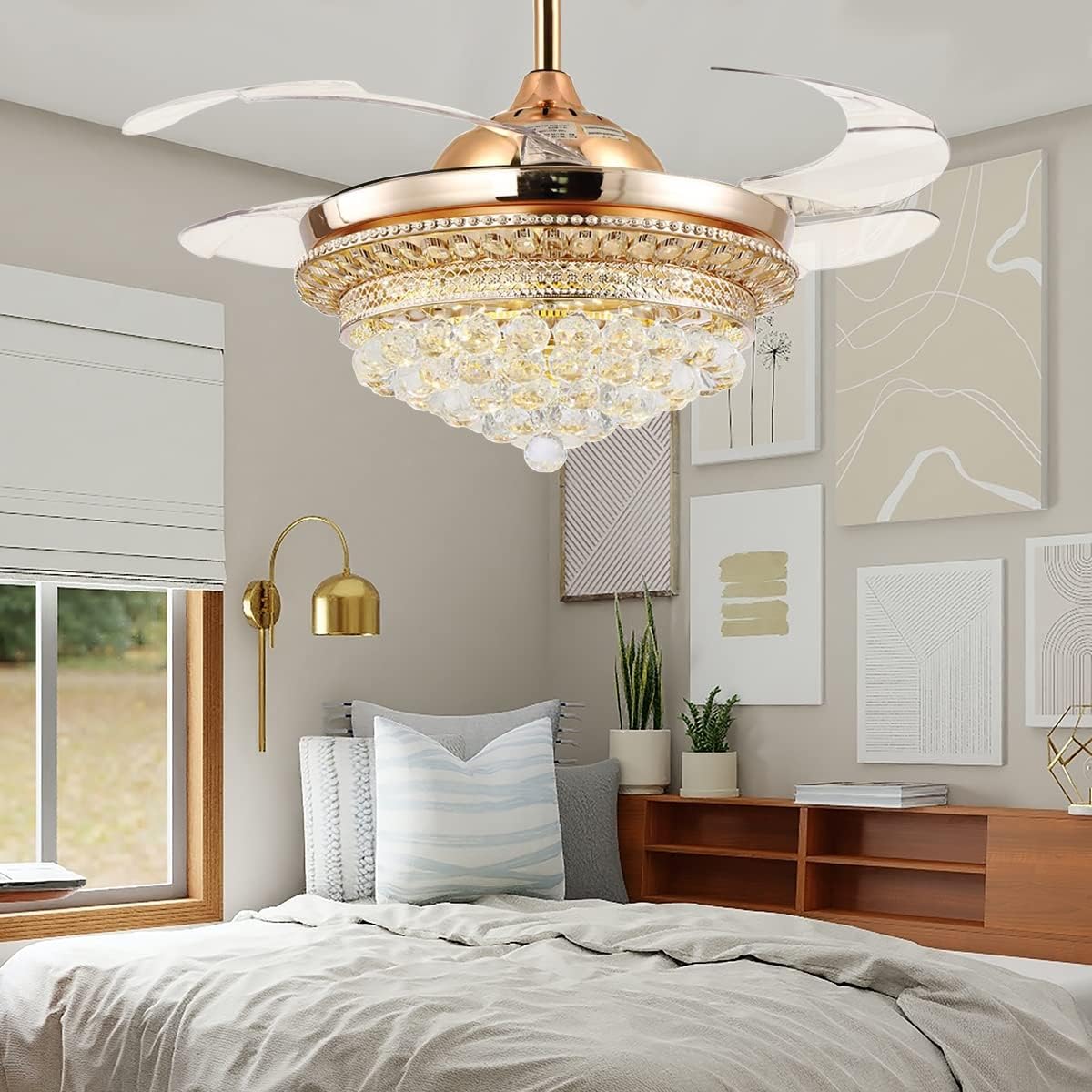 42" Modern Crystal Ceiling Fan Chandelier, LED 3 Color Remote Control Retractable Invisible Blades 3 Speeds Indoor Ceiling Light Kits with Fans for Decorate Living Room Dining Room(Gold)
